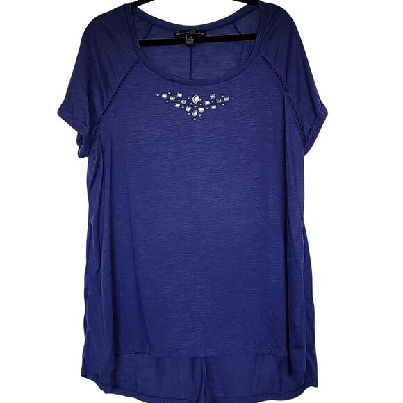 French Laundry Blue High Low Embellished Jeweled Tee, 2X - Picture 1 of 6